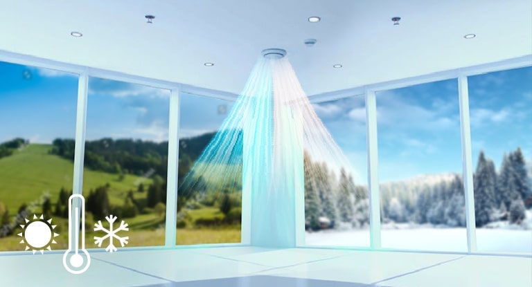 Ceiling mounted circular unit is blowing a visible airflow into the room with a grassy plain on the left and land covered with snow on the right.