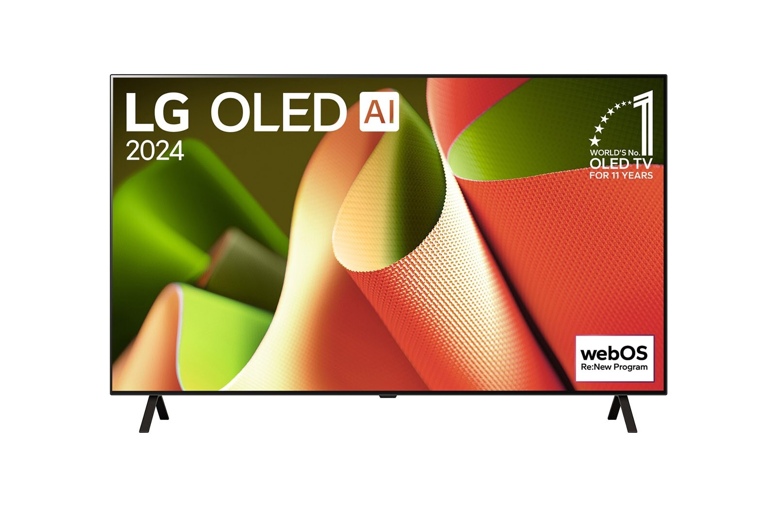 Front view with LG OLED TV, OLED B4, 11 Years of world number 1 OLED Emblem and webOS Re:New Program logo on screen with 2-pole stand