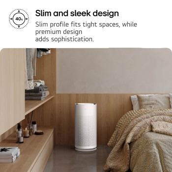 Compact white LG PuriCare? AeroHit air purifier placed in a cozy bedroom corner beside a wooden shelf. Text reads 'Slim and sleek design: Slim profile fits tight spaces, while premium design adds sophistication'.