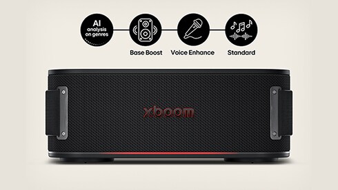The top of the front image of the LG xboom introduces the "AI analysis on genres" feature. It supports Base Boost, Voice Enhance, and Standard.
