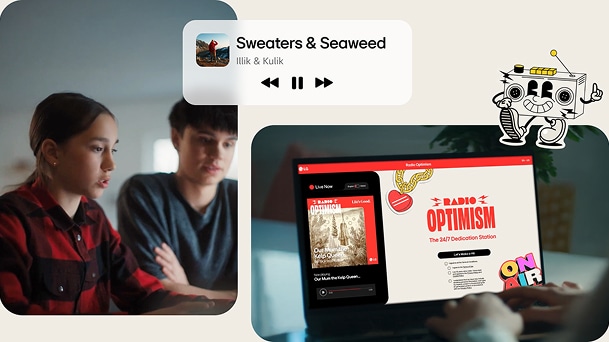 A young man and woman are sitting at a desk, enjoying the Radio Optimism campaign on a laptop.