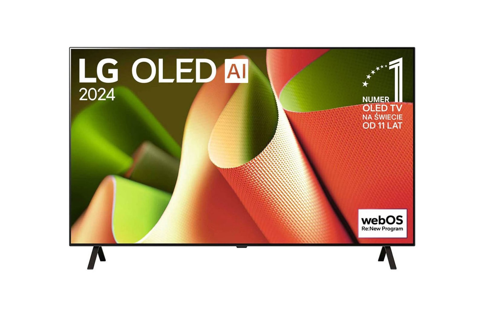 Widok z przodu LG OLED TV, OLED AI B4, logo emblematu ?11 Years of World Number 1 OLED” i logo programu webOS Re:New na ekranie z 2-biegunow? podstawk?