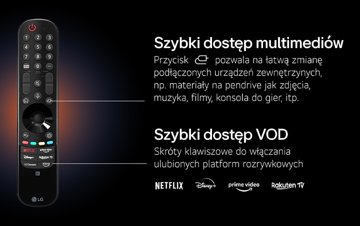 Grafika opisa przyciski pilota Magic z szybkim dost?pem do multimediów oraz VOD