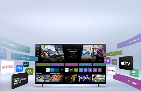 LG Smart TV z ekranem g?ównym webOS wy?wietlaj?cym aplikacje rozrywkowe i interfejs LG Channels, który dynamicznie si? rozwija, prezentuj?c ponad 4000 globalnych aplikacji i kana?ów.