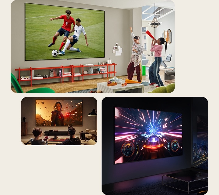 W ró?nych salonach u?ytkownicy korzystaj? z telewizorów LG Ultra Big na ró?ne sposoby. W jednym pokoju ogl?daj? sport. W drugim pokoju ogl?daj? film. W ostatnim pokoju na ekranie wy?wietlana jest gra wideo.