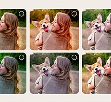 Ekran u?ytkownika wykonuj?cego proces personalizacji w AI Picture Wizard. Wy?wietlana jest seria zdj?? z pod?wietlonymi wyborami u?ytkownika. Pojawia si? ikona ?adowania, a obraz krajobrazu zostaje stopniowo ulepszony od lewej do prawej.