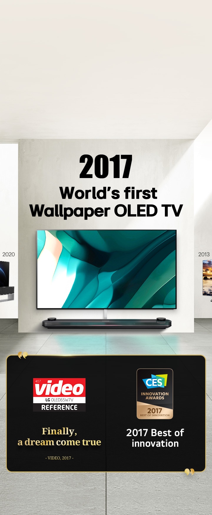 LG TV. Tytu? brzmi: ?2017 – pierwszy na ?wiecie telewizor OLED w formie tapety”. Tre?ci nagród obok. Wideo, w końcu spe?nienie marzeń. Nagroda Best of Innovation 2017 przyznana przez CES Innovation Awards.