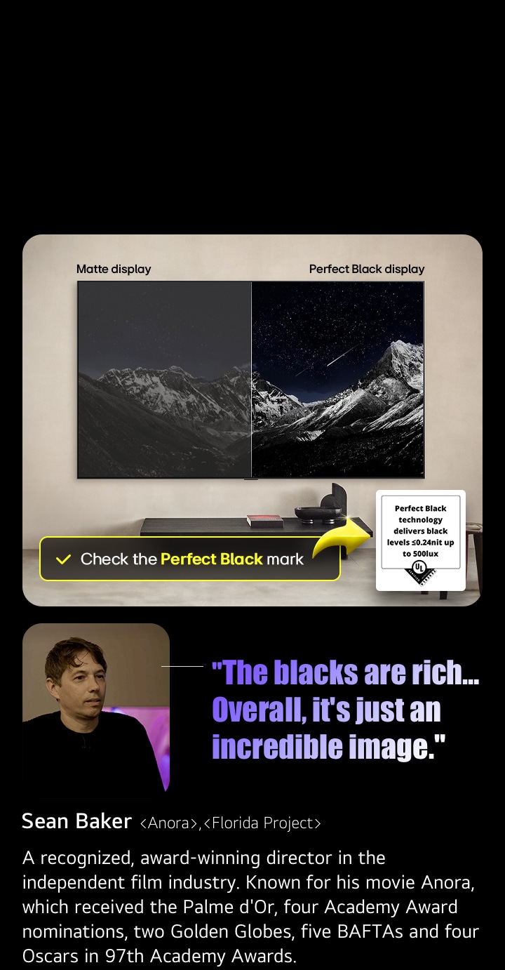 Wall-mounted LG OLED TV. Telewizor wy?wietla pasmo górskie na tle ciemnego wieczornego nieba wype?nionego gwiazdami. Scena podzielona jest na pó?. Na jednym końcu wy?wietlacza oznaczonego jako Non Perfect Black kolory s? matowe i szare, a gwiazdy s? ledwo widoczne. Na drugim końcu wy?wietlacza oznaczonego jako Perfect Black, czernie s? g??bokie i ciemne, a gwiazdy jasne i bia?e, co daje bardzo przyjemny obraz o wysokim kontra?cie.