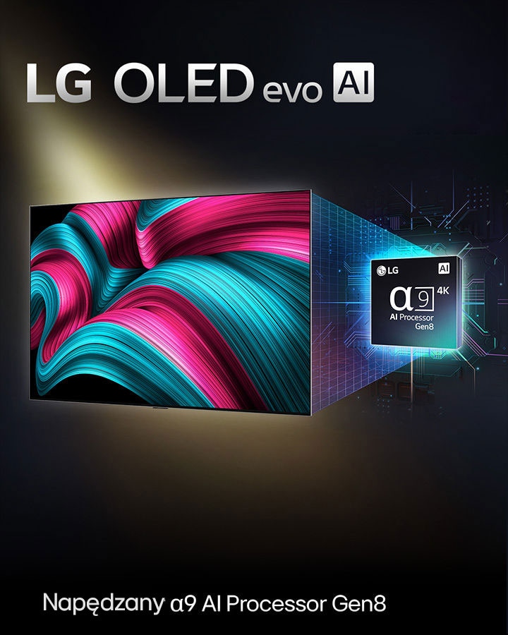 Ekran LG OLED evo AI TV wy?wietla abstrakcyjny obraz o imponuj?cej szczegó?owo?ci, kolorystyce i kontra?cie. Powi?kszona wersja procesora AI alpha 9 Gen8 znajduje si? za telewizorem. ?wieci ona ?wiat?em o?wietlaj?cym obwody mikroprocesora wokó? niej. Tytu? brzmi: LG OLED evo AI. Tekst jest równie? widoczny, zasilany przez procesor AI alpha 9 Gen8. W rogu znajduje si? z?ote logo z gwiazdkami, z napisem: ?OLED TV – numer jeden na ?wiecie od 12 lat”. 