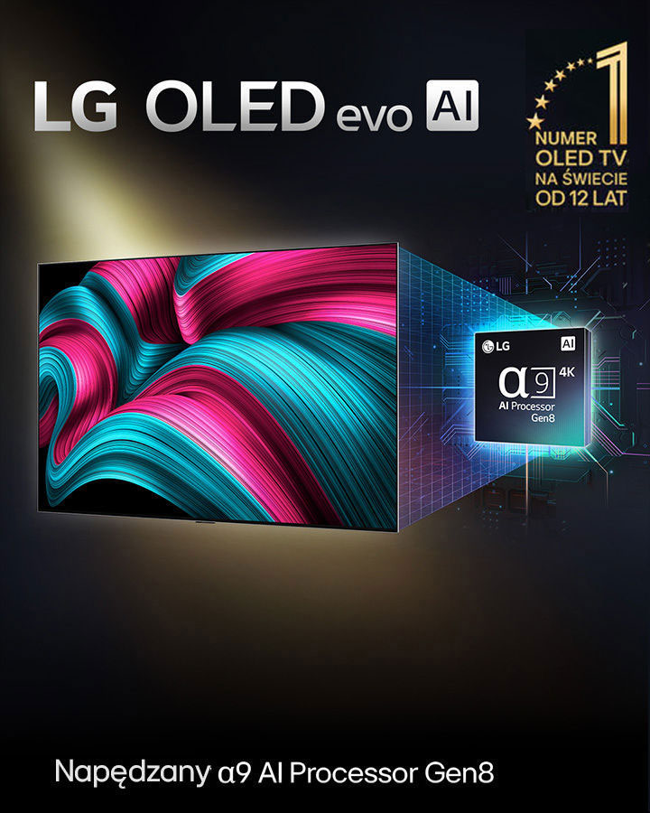 Ekran LG OLED evo AI TV wy?wietla abstrakcyjny obraz o imponuj?cej szczegó?owo?ci, kolorystyce i kontra?cie. Powi?kszona wersja procesora AI alpha 9 Gen8 znajduje si? za telewizorem. ?wieci ona ?wiat?em o?wietlaj?cym obwody mikroprocesora wokó? niej. Tytu? brzmi: LG OLED evo AI. Tekst jest równie? widoczny, zasilany przez procesor AI alpha 9 Gen8. W rogu znajduje si? z?ote logo z gwiazdkami, z napisem: ?OLED TV – numer jeden na ?wiecie od 12 lat”. 