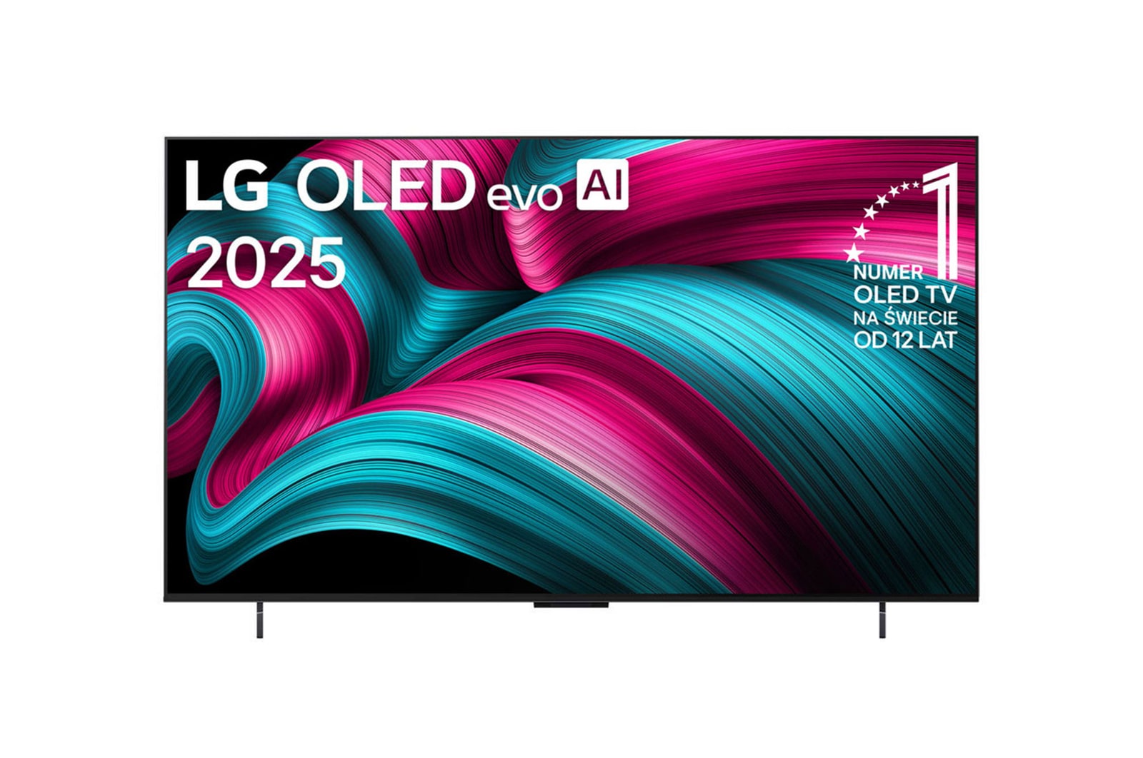 Widok z przodu na LG OLED evo AI C5 4K Smart TV. Emblemat ?12 Years of World Number 1 OLED” i logo LG OLED evo AI 2025 na ekranie.