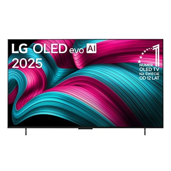 Widok z przodu na LG OLED evo AI C5 4K Smart TV. Emblemat ?12 Years of World Number 1 OLED” i logo LG OLED evo AI 2025 na ekranie.