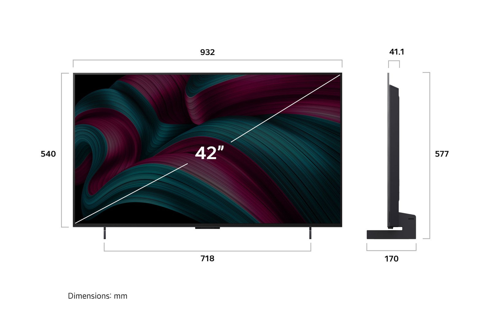 Przedni i boczny widok na LG OLED evo AI C5 4K Smart TV prezentuj?cy jego d?ugo??, szeroko??, wysoko?? i g??boko??.