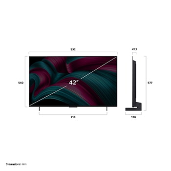 Przedni i boczny widok na LG OLED evo AI C5 4K Smart TV prezentuj?cy jego d?ugo??, szeroko??, wysoko?? i g??boko??.