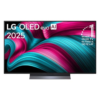 Widok z przodu na LG OLED evo AI C5 4K Smart TV. Emblemat ?12 Years of World Number 1 OLED” i logo LG OLED evo AI 2025 na ekranie.