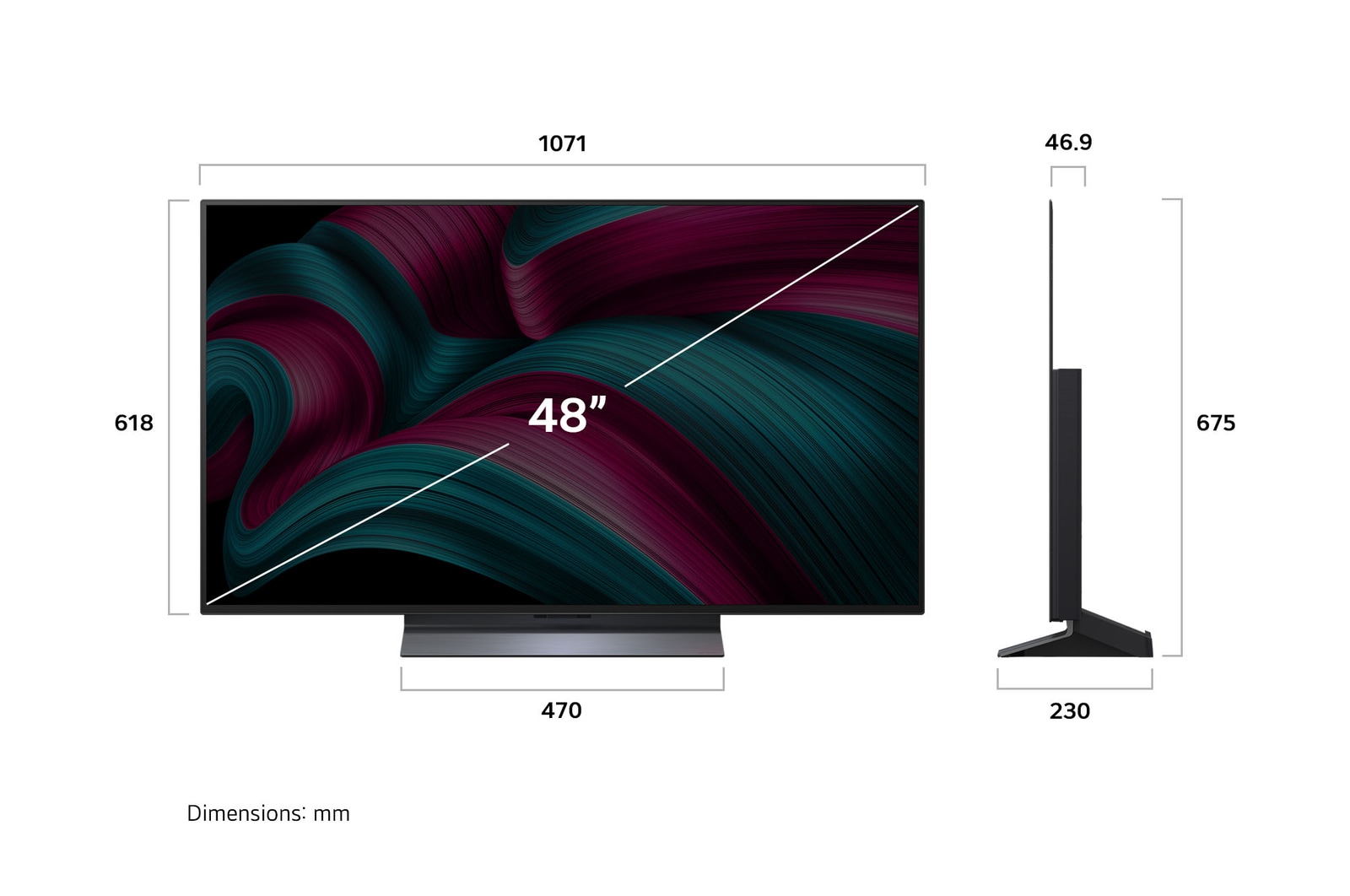 Przedni i boczny widok na LG OLED evo AI C5 4K Smart TV prezentuj?cy jego d?ugo??, szeroko??, wysoko?? i g??boko??.