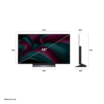 Przedni i boczny widok na LG OLED evo AI C5 4K Smart TV prezentuj?cy jego d?ugo??, szeroko??, wysoko?? i g??boko??.