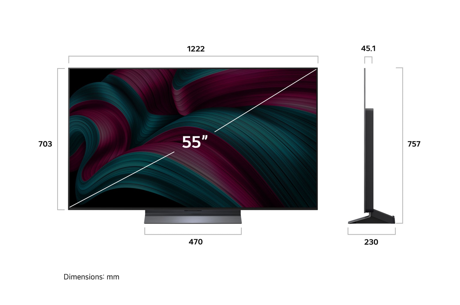 Przedni i boczny widok na LG OLED evo AI C5 4K Smart TV prezentuj?cy jego d?ugo??, szeroko??, wysoko?? i g??boko??.