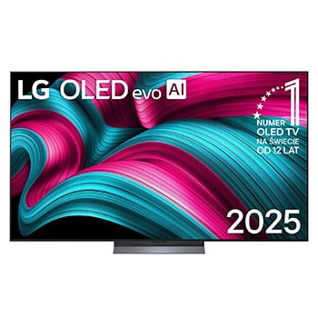 Widok z przodu na LG OLED evo AI C5 4K Smart TV. Emblemat ?12 Years of World Number 1 OLED” i logo LG OLED evo AI 2025 na ekranie.
