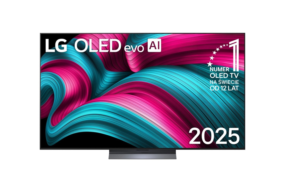 Widok z przodu na LG OLED evo AI C5 4K Smart TV. Emblemat ?12 Years of World Number 1 OLED” i logo LG OLED evo AI 2025 na ekranie.