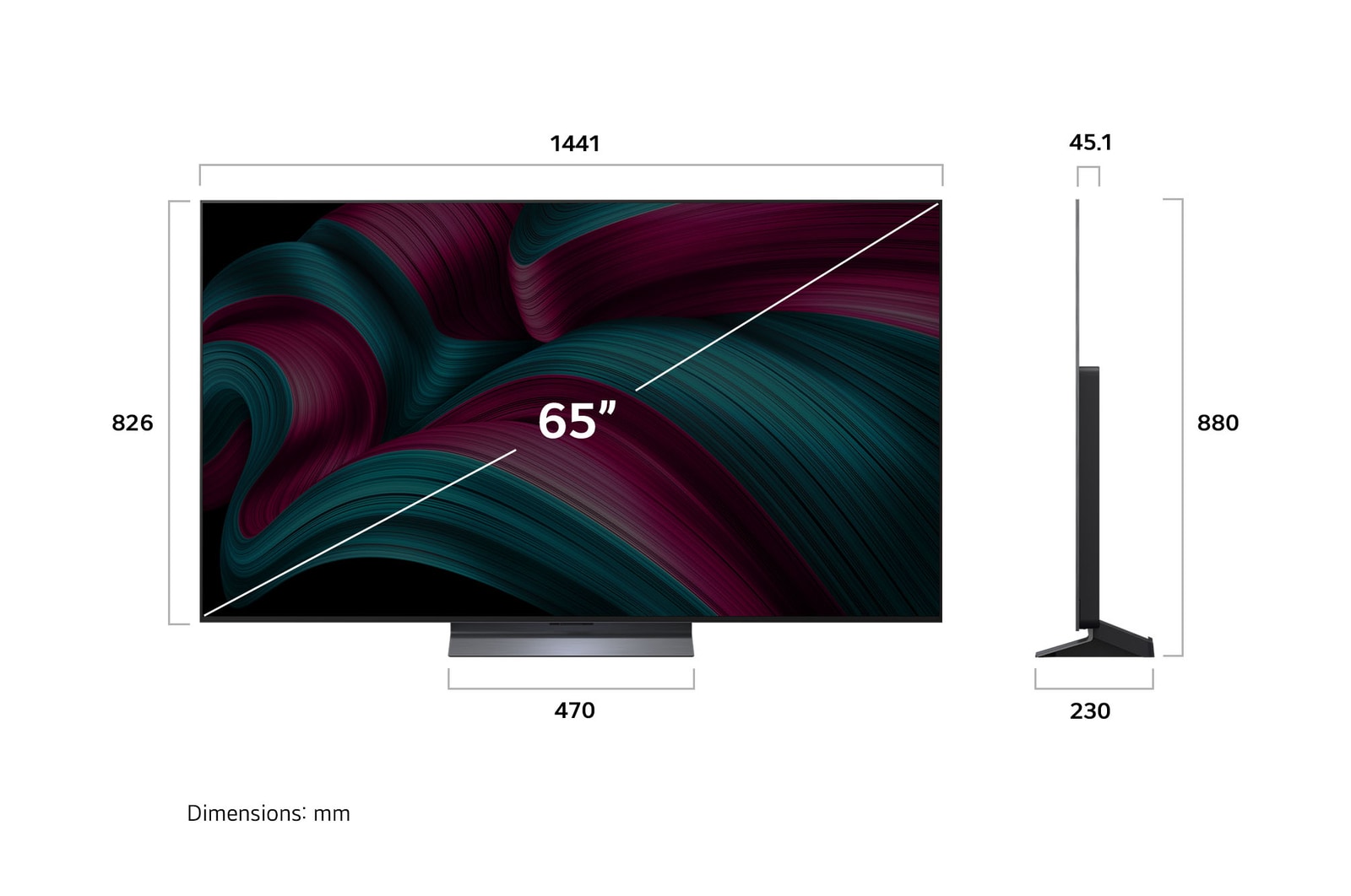 Przedni i boczny widok na LG OLED evo AI C5 4K Smart TV prezentuj?cy jego d?ugo??, szeroko??, wysoko?? i g??boko??.