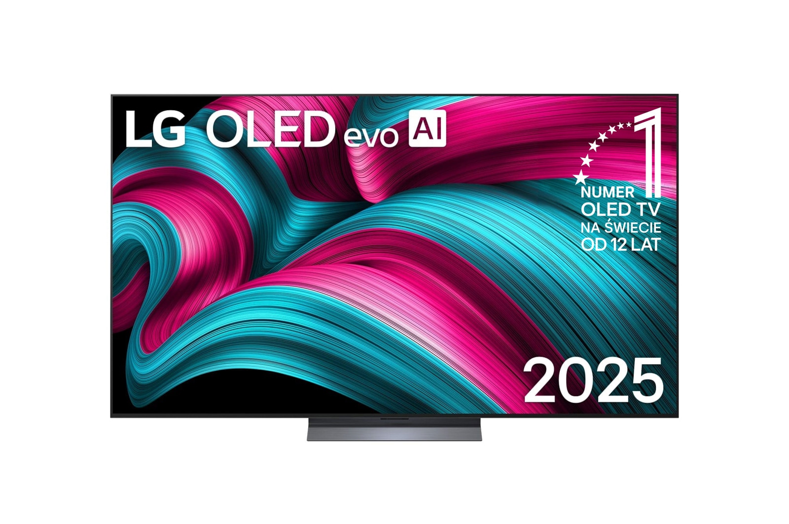 Widok z przodu na LG OLED evo AI C5 4K Smart TV. Emblemat ?12 Years of World Number 1 OLED” i logo LG OLED evo AI 2025 na ekranie.