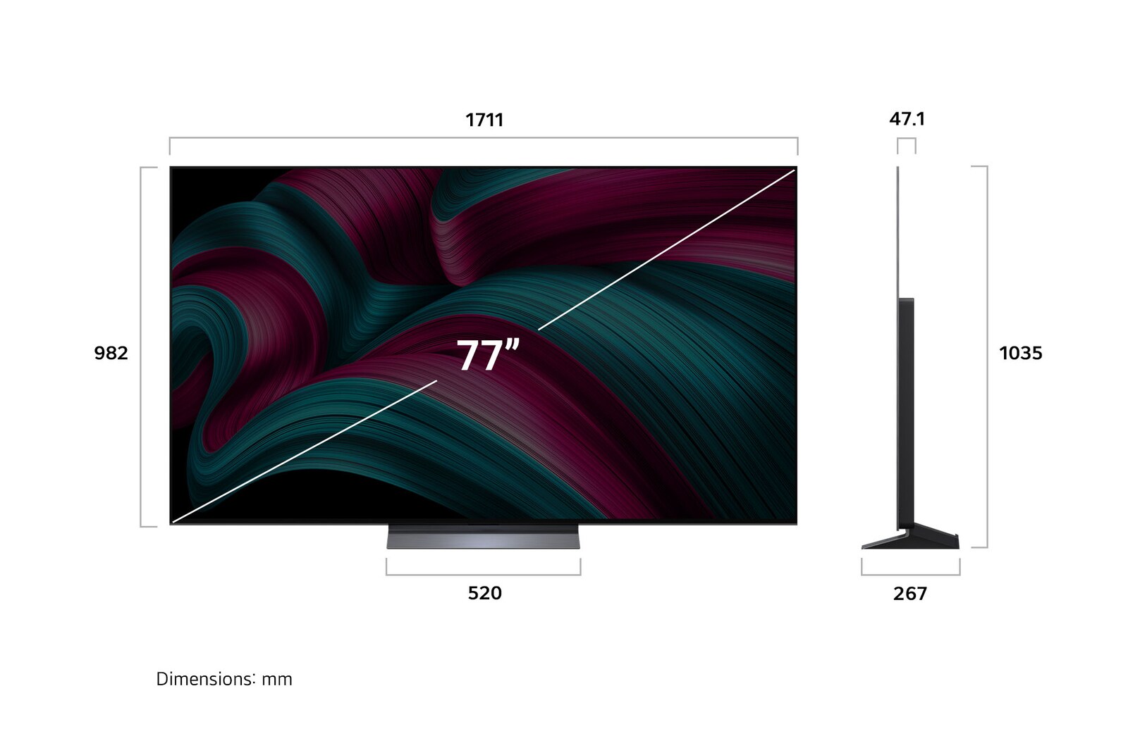 Przedni i boczny widok na LG OLED evo AI C5 4K Smart TV prezentuj?cy jego d?ugo??, szeroko??, wysoko?? i g??boko??.