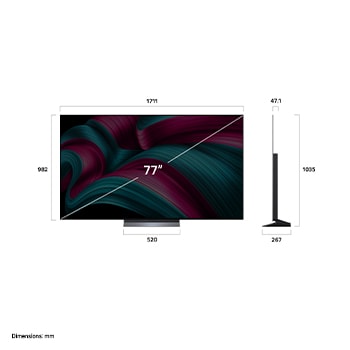 Przedni i boczny widok na LG OLED evo AI C5 4K Smart TV prezentuj?cy jego d?ugo??, szeroko??, wysoko?? i g??boko??.