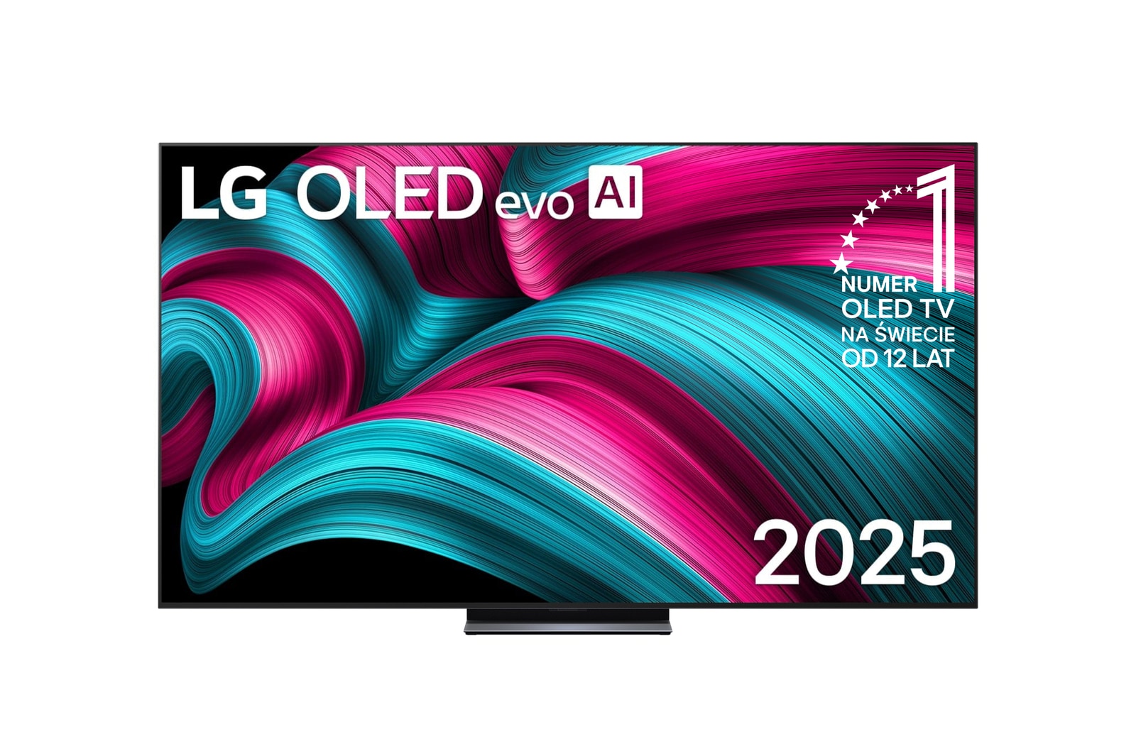 Widok z przodu na LG OLED evo AI C5 4K Smart TV. Emblemat ?12 Years of World Number 1 OLED” i logo LG OLED evo AI 2025 na ekranie.