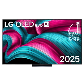 Widok z przodu na LG OLED evo AI C5 4K Smart TV. Emblemat ?12 Years of World Number 1 OLED” i logo LG OLED evo AI 2025 na ekranie.