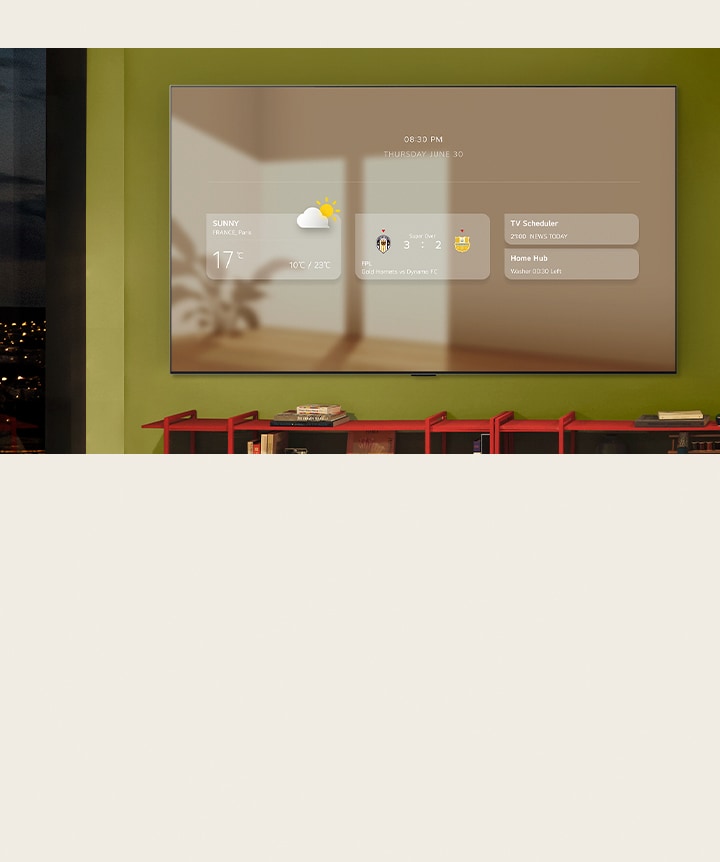 Tablica informacyjna w LG TV na ?cianie. Wy?wietla ró?ne funkcje, takie jak aktualno?ci pogodowe i sportowe, program telewizyjny, Home Hub i Kalendarz Google.