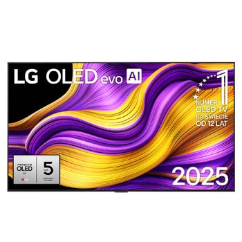 Przedni widok na LG OLED evo AI G5 4K Smart TV. Emblemat ?12 Years of World Number 1 OLED” i logo LG OLED evo AI 2025 na ekranie.