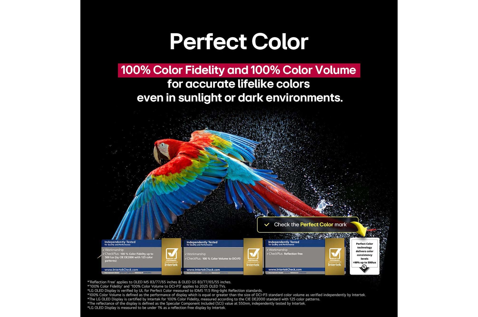 Salon z zamontowanym na ?cianie LG OLED TV. Telewizor wy?wietla pasmo górskie na tle ciemnego wieczornego nieba wype?nionego gwiazdami. Scena jest podzielona na pó?, aby pokaza?, jak Perfect Black zapewnia prawdziw? czerń, niezale?nie od tego, czy wokó? jest jasno, czy ciemno. Po jednej stronie sceny znajduje si? matowa, bardziej szara wersja krajobrazu z napisem Non Perfect Black. Z drugiej strony otrzymujemy przyjemniejszy obraz z wi?kszym zakresem dynamiki czerni i bieli. Jest on oznaczony jako wy?wietlacz Perfect Black. Widoczny jest równie? certyfikat logo. Technologia Perfect Black zapewnia poziom czerni mniejszy lub równy 0,24 nit do 500 luksów. Obok znajduje si? dymek tekstowy z informacj?: ?Sprawd? oznaczenie certyfikatu Perfect Black”.