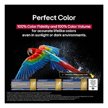 Salon z zamontowanym na ?cianie LG OLED TV. Telewizor wy?wietla pasmo górskie na tle ciemnego wieczornego nieba wype?nionego gwiazdami. Scena jest podzielona na pó?, aby pokaza?, jak Perfect Black zapewnia prawdziw? czerń, niezale?nie od tego, czy wokó? jest jasno, czy ciemno. Po jednej stronie sceny znajduje si? matowa, bardziej szara wersja krajobrazu z napisem Non Perfect Black. Z drugiej strony otrzymujemy przyjemniejszy obraz z wi?kszym zakresem dynamiki czerni i bieli. Jest on oznaczony jako wy?wietlacz Perfect Black. Widoczny jest równie? certyfikat logo. Technologia Perfect Black zapewnia poziom czerni mniejszy lub równy 0,24 nit do 500 luksów. Obok znajduje si? dymek tekstowy z informacj?: ?Sprawd? oznaczenie certyfikatu Perfect Black”.