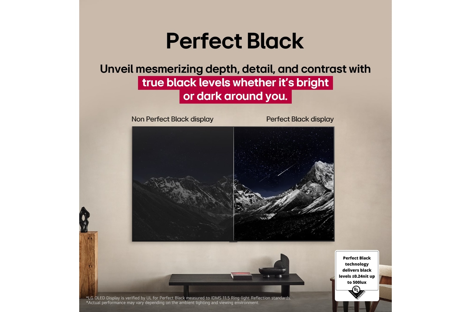 Salon z zamontowanym na ?cianie LG OLED TV. Telewizor wy?wietla pasmo górskie na tle ciemnego wieczornego nieba wype?nionego gwiazdami. Scena jest podzielona na pó?, aby pokaza?, jak Perfect Black zapewnia prawdziw? czerń, niezale?nie od tego, czy wokó? jest jasno, czy ciemno. Po jednej stronie sceny znajduje si? matowa, bardziej szara wersja krajobrazu z napisem Matte. Z drugiej strony otrzymujemy przyjemniejszy obraz z wi?kszym zakresem dynamiki czerni i bieli. Jest on oznaczony jako wy?wietlacz Perfect Black. Widoczny jest równie? certyfikat logo. Technologia Perfect Black zapewnia poziom czerni mniejszy lub równy 0,24 nit do 500 luksów. Obok znajduje si? dymek tekstowy z informacj?: ?Sprawd? oznaczenie certyfikatu Perfect Black”.