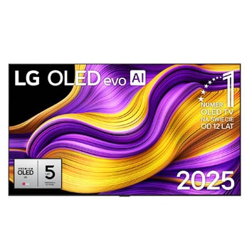 Przedni widok na LG OLED evo AI G5 4K Smart TV. Emblemat ?12 Years of World Number 1 OLED” i logo LG OLED evo AI 2025 na ekranie.