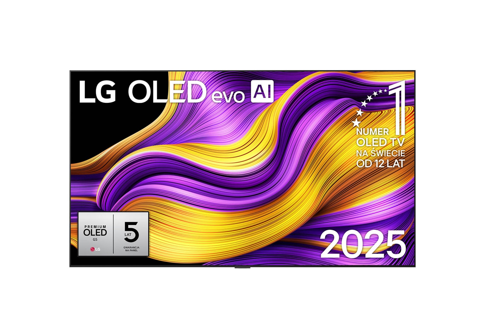 Przedni widok na LG OLED evo AI G5 4K Smart TV. Emblemat ?12 Years of World Number 1 OLED” i logo LG OLED evo AI 2025 na ekranie.