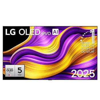 Przedni widok na LG OLED evo AI G5 4K Smart TV. Emblemat ?12 Years of World Number 1 OLED” i logo LG OLED evo AI 2025 na ekranie.