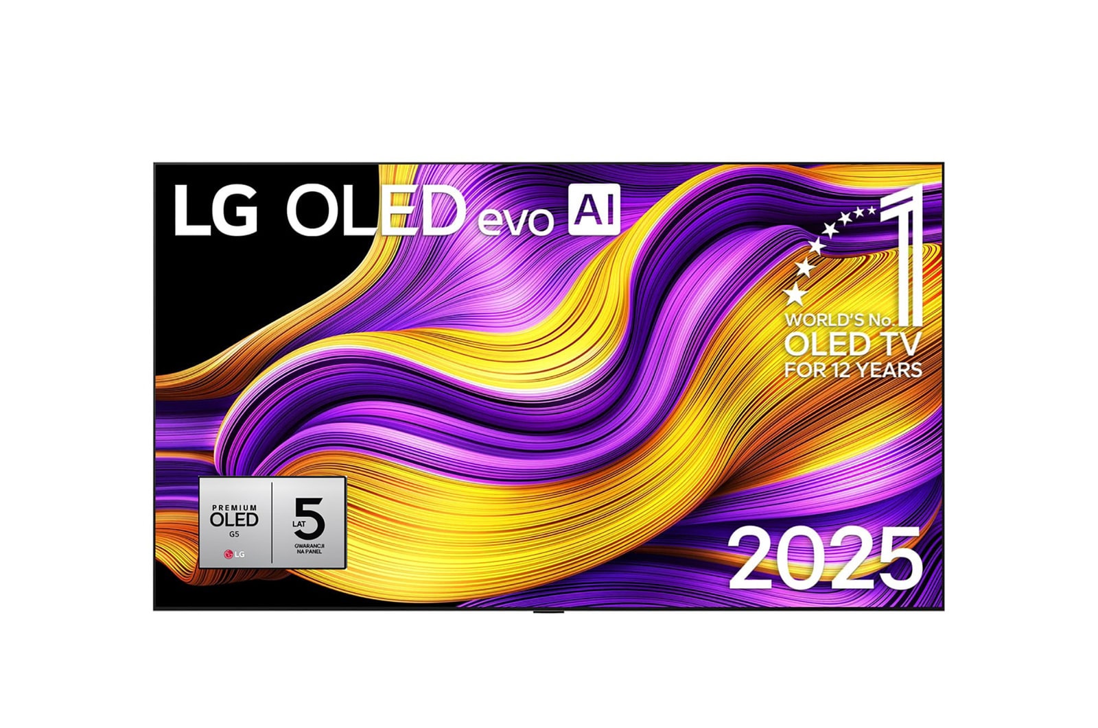 Przedni widok na LG OLED evo AI G5 4K Smart TV. Emblemat ?12 Years of World Number 1 OLED” i logo LG OLED evo AI 2025 na ekranie.