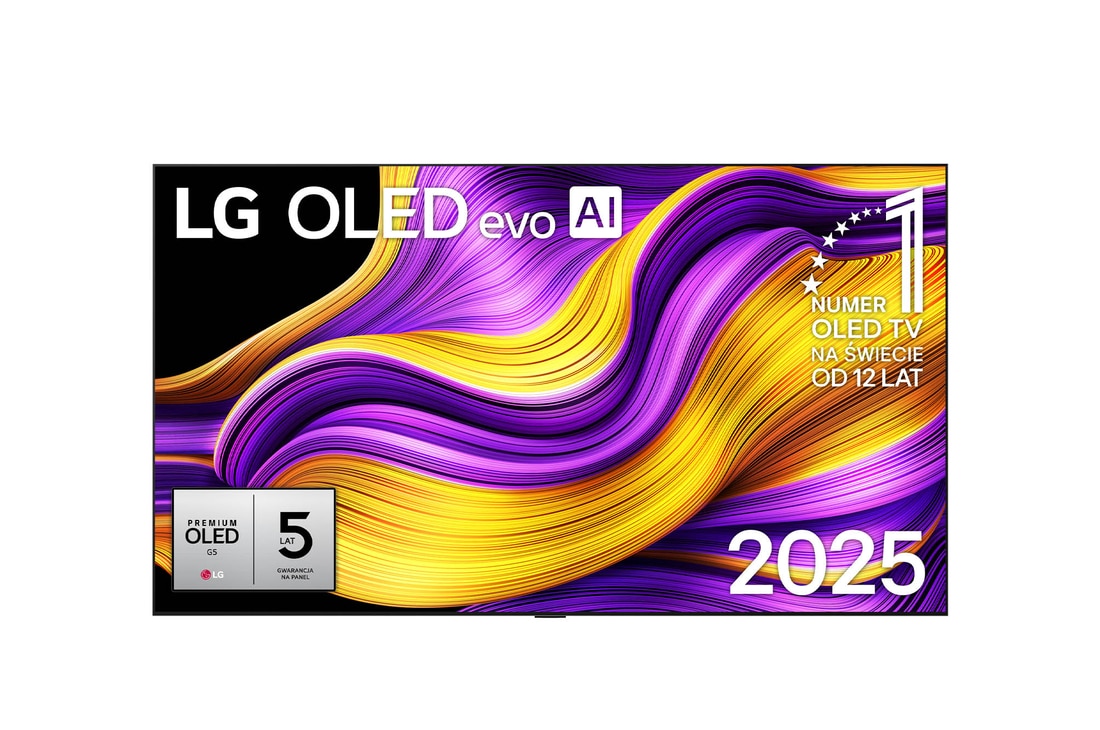 Przedni widok na LG OLED evo AI G5 4K Smart TV. Emblemat ?12 Years of World Number 1 OLED” i logo LG OLED evo AI 2025 na ekranie.