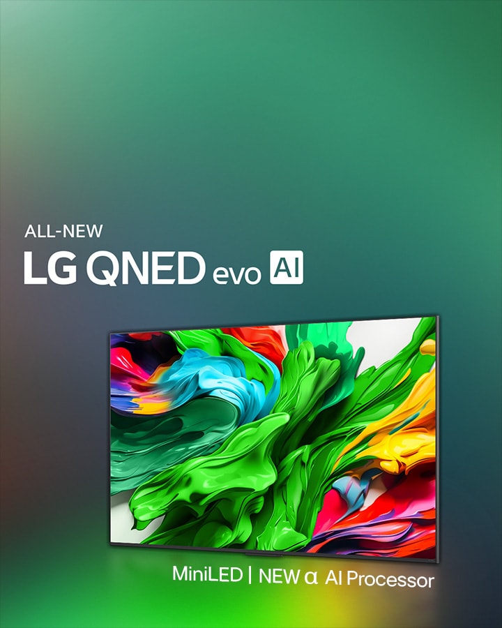 LG QNED TV na tle kolorowego, ciemnego t?a. Na ekranie widoczna jest jasna i kolorowa grafika, prezentuj?ca technologi? kolorów QNED oraz jej zdolno?? do wy?wietlania szerokiego spektrum odcieni z doskona?ym kontrastem. Nowe LG QNED evo AI – logo pojawia si? na ekranie. Napisy podkre?laj? technologi? MiniLED QNED i nowy procesor AI alpha. Nag?ówek brzmi: ?Redefinicja ka?dego koloru, pocz?tek nowego do?wiadczenia”.