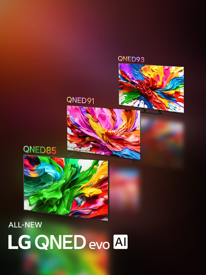 Telewizory LG z kolorowymi dzie?ami sztuki, które podkre?laj? now?, ?yw? i intensywn? technologi? reprodukcji kolorów LG QNED. CA?KOWICIE NOWE LG QNED evo AI – logo pojawia si? na ekranie.