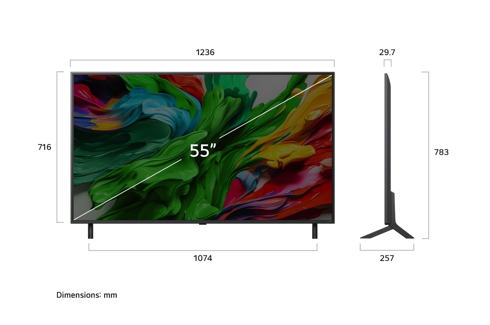Przedni i boczny widok na LG QNED evo AI 4K Smart TV QNED85 prezentuj?cy jego d?ugo??, szeroko??, wysoko?? i g??boko??.