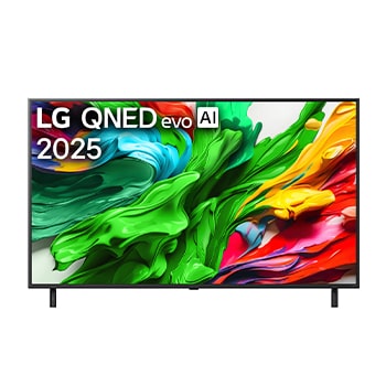 Przedni widok na TV LG QNED evo QNED85, logo AI LG QNED evo w górnym rogu. TV LG QNED evo QNED85 przedstawia kolorowe, przypominaj?ce farb? tekstury.