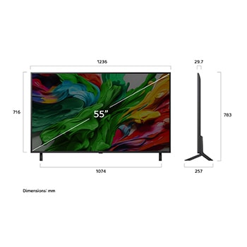 Przedni i boczny widok na LG QNED evo AI 4K Smart TV QNED85 prezentuj?cy jego d?ugo??, szeroko??, wysoko?? i g??boko??.