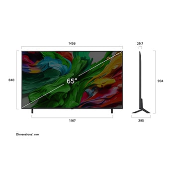 Przedni i boczny widok na LG QNED evo AI 4K Smart TV QNED85 prezentuj?cy jego d?ugo??, szeroko??, wysoko?? i g??boko??.