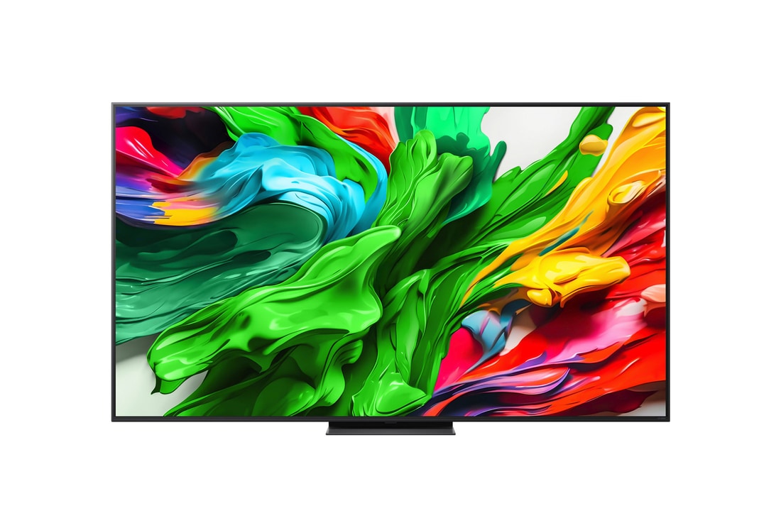 Przedni widok na TV LG QNED evo QNED85, logo AI LG QNED evo w górnym rogu. TV LG QNED evo QNED85 przedstawia kolorowe, przypominaj?ce farb? tekstury.