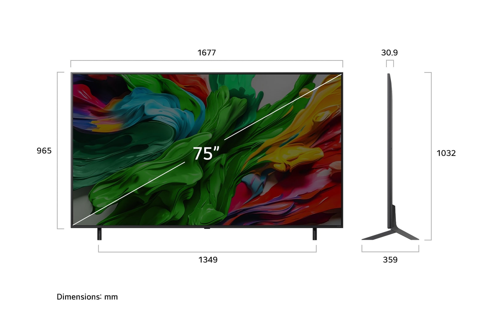 Przedni i boczny widok na LG QNED evo AI 4K Smart TV QNED85 prezentuj?cy jego d?ugo??, szeroko??, wysoko?? i g??boko??.