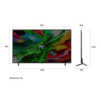 Przedni i boczny widok na LG QNED evo AI 4K Smart TV QNED85 prezentuj?cy jego d?ugo??, szeroko??, wysoko?? i g??boko??.