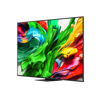 Przedni i boczny widok na LG QNED evo AI 4K Smart TV QNED85 prezentuj?cy jego d?ugo??, szeroko??, wysoko?? i g??boko??.